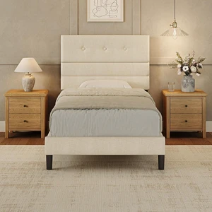 GRUSIGN Twin Size Bed Frame with Linen Fabric Headboard, Adjustable Height Upholstered Platform Bed Frame with Wooden Slats, Easy Assembly, Beige GRUSIGN Twin Size Bed Frame with Linen Fabric Headboard, Adjustable Height Upholstered Platform Bed Frame with Wooden Slats, Easy Assembly, Beige