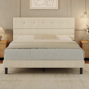GRUSIGN Queen Size Bed Frame with Linen Fabric Headboard, Adjustable Height Upholstered Platform Bed Frame with Wooden Slats, Easy Assembly, Beige GRUSIGN Queen Size Bed Frame with Linen Fabric Headboard, Adjustable Height Upholstered Platform Bed Frame with Wooden Slats, Easy Assembly, Beige
