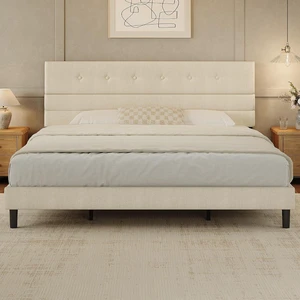 GRUSIGN King Size Bed Frame with Linen Fabric Headboard, Adjustable Height Upholstered Platform Bed Frame with Wooden Slats, Easy Assembly, Beige GRUSIGN King Size Bed Frame with Linen Fabric Headboard, Adjustable Height Upholstered Platform Bed Frame with Wooden Slats, Easy Assembly, Beige