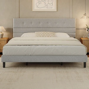 GRUSIGN King Size Bed Frame with Linen Fabric Headboard, Adjustable Height Upholstered Platform Bed Frame with Wooden Slats, Easy Assembly, Dark Grey GRUSIGN King Size Bed Frame with Linen Fabric Headboard, Adjustable Height Upholstered Platform Bed Frame with Wooden Slats, Easy Assembly, Dark Grey