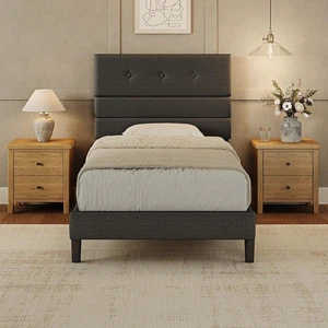 GRUSIGN Twin Size Bed Frame with Linen Fabric Headboard, Adjustable Height Upholstered Platform Bed Frame with Wooden Slats, Easy Assembly, Black GRUSIGN Twin Size Bed Frame with Linen Fabric Headboard, Adjustable Height Upholstered Platform Bed Frame with Wooden Slats, Easy Assembly, Black