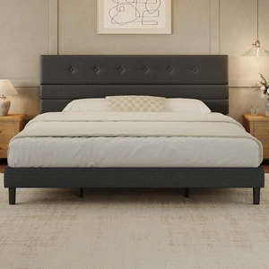 GRUSIGN King Size Bed Frame with Linen Fabric Headboard, Adjustable Height Upholstered Platform Bed Frame with Wooden Slats, Easy Assembly, Black GRUSIGN King Size Bed Frame with Linen Fabric Headboard, Adjustable Height Upholstered Platform Bed Frame with Wooden Slats, Easy Assembly, Black