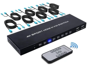 8 Port HDMI KVM Switch, 4K@30Hz 8 in 1 Out KVM Switcher Share 1 Monitor & 4 USB Devices, IR Remote Control Included with 8 HDMI Cables 8 Port HDMI KVM Switch, 4K@30Hz 8 in 1 Out KVM Switcher Share 1 Monitor & 4 USB Devices, IR Remote Control Included with 8 HDMI Cables