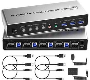 4 Port Dual Monitor KVM Switch DisplayPort HDMI, 4K@60Hz 4 Computers Share 2 Monitors, DP HDMI KVM Switch with 3 USB 3.0 Ports & Audio Microphone Port 4 Port Dual Monitor KVM Switch DisplayPort HDMI, 4K@60Hz 4 Computers Share 2 Monitors, DP HDMI KVM Switch with 3 USB 3.0 Ports & Audio Microphone Port