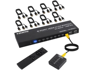 8 Port 4K@60Hz HDMI KVM Switch, 8 in 1 Out KVM Switcher, 8 Computers Share 1 Monitor & 4 USB Devices, with 8 HDMI Cables and IR Remote Control 8 Port 4K@60Hz HDMI KVM Switch, 8 in 1 Out KVM Switcher, 8 Computers Share 1 Monitor & 4 USB Devices, with 8 HDMI Cables and IR Remote Control