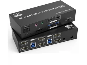 2 Port Dual Monitor 8K HDMI KVM Switch, 8K@60Hz 4K@120Hz KVM Switcher for 2 Computers Share 2 Monitors, 4 USB Devices, Audio Microphone SD TF Card Slot, DC 12V Powered with Wired Controller 2 Port Dual Monitor 8K HDMI KVM Switch, 8K@60Hz 4K@120Hz KVM Switcher for 2 Computers Share 2 Monitors, 4 USB Devices, Audio Microphone SD TF Card Slot, DC 12V Powered with Wired Controller