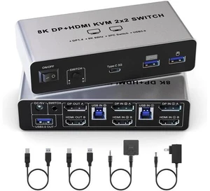 8K@60Hz Dual Monitor KVM Switch, Aluminum Alloy DisplayPort HDMI KVM Switcher, 2 Computers Share 2 Monitors with 4 USB 3.0 Ports, Includes USB Cables, Power Adapter & Switch Controller 8K@60Hz Dual Monitor KVM Switch, Aluminum Alloy DisplayPort HDMI KVM Switcher, 2 Computers Share 2 Monitors with 4 USB 3.0 Ports, Includes USB Cables, Power Adapter & Switch Controller