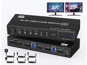 2 Computers 2 Monitors DisplayPort KVM Switch, 8K@60Hz 4K@144Hz Dual Monitor KVM Switch with 3 USB 3.0 Ports & Audio Jack, Wired Remote Controller and 2 DisplayPort Cables Included 2 Computers 2 Monitors DisplayPort KVM Switch, 8K@60Hz 4K@144Hz Dual Monitor KVM Switch with 3 USB 3.0 Ports & Audio Jack, Wired Remote Controller and 2 DisplayPort Cables Included
