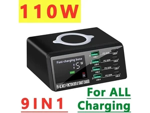 110W Multiport USB Fast Charging Station 8 Port Travel/Portable Charger Hub USB C Charger Block with 4 USB C & QC 4 USB A and Wireless Charging for Cell Phone, Tablet, Multiple Devices 110W Multiport USB Fast Charging Station 8 Port Travel/Portable Charger Hub USB C Charger Block with 4 USB C & QC 4 USB A and Wireless Charging for Cell Phone, Tablet, Multiple Devices