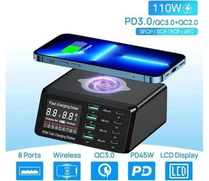 USB C Charging Station with Wireless Charging , 110W USB C Charger Charging Hub 8 PowerPort for Multiple Devices with PD3.0 and QC3.0 Fast Charging Power Stock Station USB C Charging Station with Wireless Charging , 110W USB C Charger Charging Hub 8 PowerPort for Multiple Devices with PD3.0 and QC3.0 Fast Charging Power Stock Station