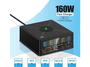 160W GaN Multiport USB Fast Charging Station Portable Charger Hub USB C Charger Block with 3 USB C & 2 USB-A QC3.0 and Wireless Charging for Cell Phone, Tablet, Multiple Devices 160W GaN Multiport USB Fast Charging Station Portable Charger Hub USB C Charger Block with 3 USB C & 2 USB-A QC3.0 and Wireless Charging for Cell Phone, Tablet, Multiple Devices