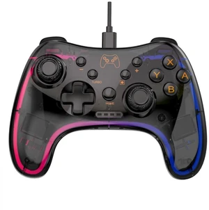 Switch game controller with neon RGB multi-color glowing effect. Switch wired game controller. Pitch black Switch game controller with neon RGB multi-color glowing effect. Switch wired game controller. Pitch black
