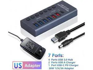 Powered USB Hub 3.0, 7-Port USB 3.0 Hub, 4 USB 3.0 Data Transmission Ports + 2 Smart Charging Ports + 1 PD Charging Port with Individual On/Off Switches with Power Adapter for Laptop PC Powered USB Hub 3.0, 7-Port USB 3.0 Hub, 4 USB 3.0 Data Transmission Ports + 2 Smart Charging Ports + 1 PD Charging Port with Individual On/Off Switches with Power Adapter for Laptop PC