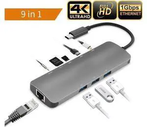USB C Hub 9 in 1 Multi-Port USB C Docking Station Laptop Adapter with Charging Power, Audio, 4K HDMI, VGA,Gigabit Ethernet,Micro/SD Card Reader for Chromebook, MacBook Pro 2019, 2018 USB C Hub 9 in 1 Multi-Port USB C Docking Station Laptop Adapter with Charging Power, Audio, 4K HDMI, VGA,Gigabit Ethernet,Micro/SD Card Reader for Chromebook, MacBook Pro 2019, 2018