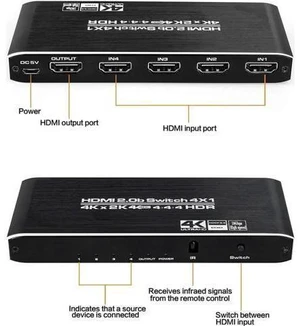 4K HDMI Switch 4x1, 4 Port HDMI Selector Switcher 4 in 1 Out with IR Remote Control Support 4K@60Hz, 4Kx2K, HDR, HDMI 2.0b, HDCP 2.2, 3D, 1080P 4K HDMI Switch 4x1, 4 Port HDMI Selector Switcher 4 in 1 Out with IR Remote Control Support 4K@60Hz, 4Kx2K, HDR, HDMI 2.0b, HDCP 2.2, 3D, 1080P