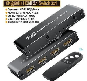 8K 3x1 HDMI 2.1 Switch 4K @ 120hz Switcher 3 in 1 Out, Support HDR, HDR10, Dolby Vision, HLG 48Gbps for Xbox Series X PS5 Ro-ku Fire TV Monitor Projector Dolby 8K 3x1 HDMI 2.1 Switch 4K @ 120hz Switcher 3 in 1 Out, Support HDR, HDR10, Dolby Vision, HLG 48Gbps for Xbox Series X PS5 Ro-ku Fire TV Monitor Projector Dolby