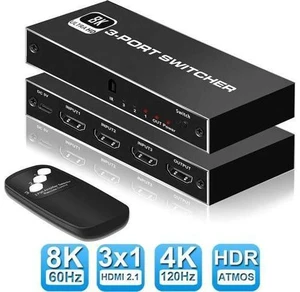 3 in 1 Out HDMI 2.1 Switch, 8K High-Speed 48Gbps 3Port HDMI Switcher, Supports 8K@60Hz 4K@120Hz, Compatible for PS5/PS4 Projectors Monitor Blu-Ray Player Xbox (3 in 1) 3 in 1 Out HDMI 2.1 Switch, 8K High-Speed 48Gbps 3Port HDMI Switcher, Supports 8K@60Hz 4K@120Hz, Compatible for PS5/PS4 Projectors Monitor Blu-Ray Player Xbox (3 in 1)