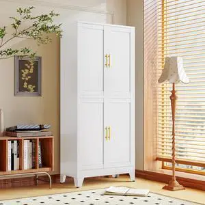 White Metal Storage Cabinet, Pantry With 4 Doors and Adjustable Shelves, Leveling Foot for Kitchen, Living Room and Dinning Room, 75" H White Metal Storage Cabinet, Pantry With 4 Doors and Adjustable Shelves, Leveling Foot for Kitchen, Living Room and Dinning Room, 75" H