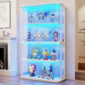 Large Rounded Display Cabinet with Glass Door, 4-Tier Curio Cabinet with 3 Color Lights for Collectibles, Glass Display Case with Transparent Full-Display Surface, Human Body Sensor, White Large Rounded Display Cabinet with Glass Door, 4-Tier Curio Cabinet with 3 Color Lights for Collectibles, Glass Display Case with Transparent Full-Display Surface, Human Body Sensor, White