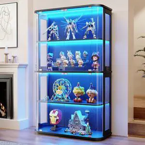 Large Rounded Display Cabinet with Glass Door, 4-Tier Curio Cabinet with 3 Color Lights for Collectibles, Glass Display Case with Transparent Full-Display Surface, Human Body Sensor, Black Large Rounded Display Cabinet with Glass Door, 4-Tier Curio Cabinet with 3 Color Lights for Collectibles, Glass Display Case with Transparent Full-Display Surface, Human Body Sensor, Black