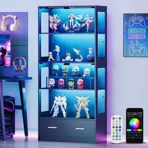 67-inch Glass Display Cabinet Curio Cabinet with RGB LED Lights, 2 Drawers & Anti-Tip Design for Collectibles, Figures, Living Room | Black 67-inch Glass Display Cabinet Curio Cabinet with RGB LED Lights, 2 Drawers & Anti-Tip Design for Collectibles, Figures, Living Room | Black