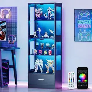 67-inch Glass Display Cabinet Curio Cabinet with RGB LED Lights, 1 Drawer & Anti-Tip Design for Collectibles, Figures, Living Room | Black 67-inch Glass Display Cabinet Curio Cabinet with RGB LED Lights, 1 Drawer & Anti-Tip Design for Collectibles, Figures, Living Room | Black