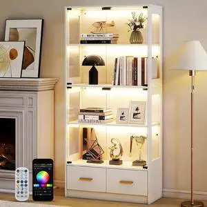 67-inch Glass Display Cabinet Curio Cabinet with RGB LED Lights, 2 Drawers & Anti-Tip Design for Collectibles, Figures, Living Room | White 67-inch Glass Display Cabinet Curio Cabinet with RGB LED Lights, 2 Drawers & Anti-Tip Design for Collectibles, Figures, Living Room | White