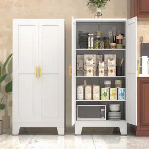 White Metal Kitchen Storage Cabinet, Kitchen Pantry Storage Cabinet with Doors and Shelves, Storage Cabinet with Adjustable Leveling Foot for Kitchen, Living Room and Dining Room. 61" H White Metal Kitchen Storage Cabinet, Kitchen Pantry Storage Cabinet with Doors and Shelves, Storage Cabinet with Adjustable Leveling Foot for Kitchen, Living Room and Dining Room. 61" H