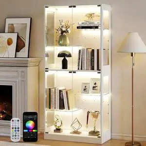 69-inch Glass Display Cabinet Curio Cabinet with RGB LED Lights, Adjustable Shelves & Anti-Tip Design for Collectibles, Figures, Living Room | White 69-inch Glass Display Cabinet Curio Cabinet with RGB LED Lights, Adjustable Shelves & Anti-Tip Design for Collectibles, Figures, Living Room | White