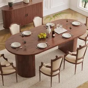 70.8 Inch Dining Table for 4-6, Oval Dining Room Table with Curved Fluted Wood Strip Base, Mid-Century Modern Kitchen Tables with Footpads, Dinner Tables for Living Room, Dining Room, Walnut 70.8 Inch Dining Table for 4-6, Oval Dining Room Table with Curved Fluted Wood Strip Base, Mid-Century Modern Kitchen Tables with Footpads, Dinner Tables for Living Room, Dining Room, Walnut