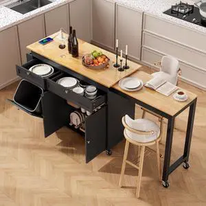 Kitchen Islands with Extendable Dining Table, 81.7" Mobile Kitchen Storage Islands, Rolling Kitchen Cart with Trash Cabinet, Power Outlet, Spice Rack & Towel Rack, Black Kitchen Islands with Extendable Dining Table, 81.7" Mobile Kitchen Storage Islands, Rolling Kitchen Cart with Trash Cabinet, Power Outlet, Spice Rack & Towel Rack, Black