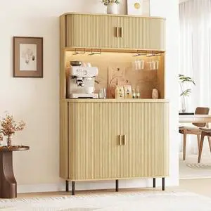 71" Tall Wine Bar Cabinet with Storage, Fluted Wood Coffee Bar Cabinet with LED Lights, Modern Liquor Cabinet for Home with Wine Glass Racks, Large Home Bar for Living Room Kitchen Oak 71" Tall Wine Bar Cabinet with Storage, Fluted Wood Coffee Bar Cabinet with LED Lights, Modern Liquor Cabinet for Home with Wine Glass Racks, Large Home Bar for Living Room Kitchen Oak
