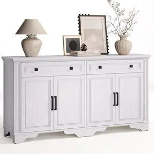 63" Sideboard Buffet Cabinet, Kitchen Buffet Storage Cabinet, Large Credenza with Drawers & Doors, Wood Coffee Bar Console Wine Bar for Living Room Hallway White 63" Sideboard Buffet Cabinet, Kitchen Buffet Storage Cabinet, Large Credenza with Drawers & Doors, Wood Coffee Bar Console Wine Bar for Living Room Hallway White