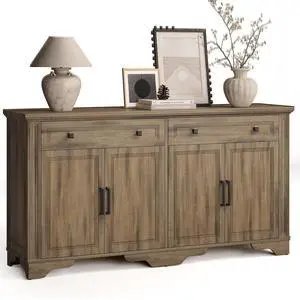 63" Sideboard Buffet Cabinet, Kitchen Buffet Storage Cabinet, Large Credenza with Drawers & Doors, Wood Coffee Bar Console Wine Bar for Living Room Hallway Washed Brown 63" Sideboard Buffet Cabinet, Kitchen Buffet Storage Cabinet, Large Credenza with Drawers & Doors, Wood Coffee Bar Console Wine Bar for Living Room Hallway Washed Brown