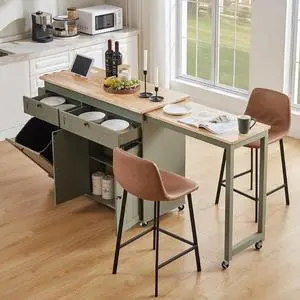 Kitchen Islands with Extendable Dining Table, 81.7" Mobile Kitchen Storage Islands, Rolling Kitchen Cart with Trash Cabinet, Power Outlet, Spice Rack & Towel Rack, Green Kitchen Islands with Extendable Dining Table, 81.7" Mobile Kitchen Storage Islands, Rolling Kitchen Cart with Trash Cabinet, Power Outlet, Spice Rack & Towel Rack, Green
