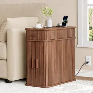 Fluted End Table with Charging Station, Narrow Side Table with Drawers, Wood Skinny Nightstand with Storage, Mid-Century Modern Bedside Tables for Small Space Living Room Bedroom Sofa Couch Fluted End Table with Charging Station, Narrow Side Table with Drawers, Wood Skinny Nightstand with Storage, Mid-Century Modern Bedside Tables for Small Space Living Room Bedroom Sofa Couch