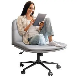 Big Comfy Seat Criss Cross Chair with Wheels Height Adjustable Armless Desk Chair Vanity Chair with High Back PU Leather (Gray) Big Comfy Seat Criss Cross Chair with Wheels Height Adjustable Armless Desk Chair Vanity Chair with High Back PU Leather (Gray)