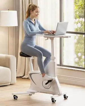 Multi-Task Office Desk Chair with Adjustable Desktop Integrated Bike Mechanism, Space Saving Armless Workstation Chairs for Home Office Active Working Relaxing Exercising, White Multi-Task Office Desk Chair with Adjustable Desktop Integrated Bike Mechanism, Space Saving Armless Workstation Chairs for Home Office Active Working Relaxing Exercising, White
