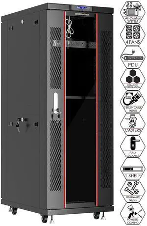 42U Server Rack Cabinet, 19 Floor Standing Enclosed Network Cabinet, 39 Deep IT Rack with Glass Door, 4 Fans, Temperature Control, PDU, Shelf 42U Server Rack Cabinet, 19 Floor Standing Enclosed Network Cabinet, 39 Deep IT Rack with Glass Door, 4 Fans, Temperature Control, PDU, Shelf