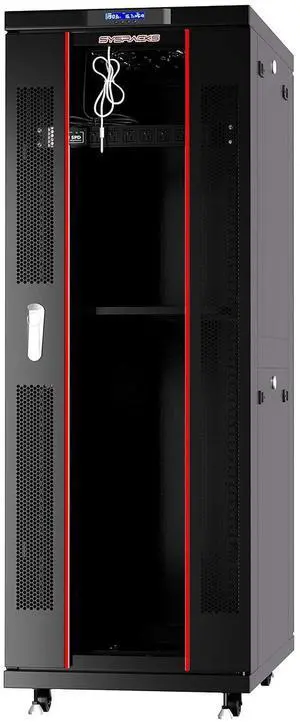 32U Server Rack Cabinet, 24" Deep, 19-Inch EIA-310 | 4 cooling fans, LCD thermostat, PDU, shelf, casters, dust-tight cable entries 32U Server Rack Cabinet, 24" Deep, 19-Inch EIA-310 | 4 cooling fans, LCD thermostat, PDU, shelf, casters, dust-tight cable entries