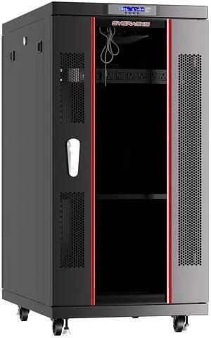22U Server Rack Cabinet, 39" Deep, Glass Door, 19-Inch | 4-fan thermostat cooling, 8-outlet PDU, shelf, casters, cable entry brushes 22U Server Rack Cabinet, 39" Deep, Glass Door, 19-Inch | 4-fan thermostat cooling, 8-outlet PDU, shelf, casters, cable entry brushes