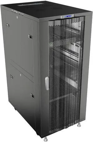 32U Network Rack Cabinet, 24" Deep, Mesh Door, 19-Inch | 4-fan thermostat cooling, PDU, shelf, casters, cable brushes, 1600 lb capacity 32U Network Rack Cabinet, 24" Deep, Mesh Door, 19-Inch | 4-fan thermostat cooling, PDU, shelf, casters, cable brushes, 1600 lb capacity