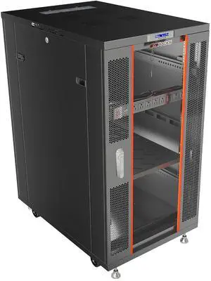 22U Server Rack Cabinet, 32" Deep, Glass Door, 19-Inch | 4-fan thermostat cooling, PDU, shelf, casters, cable brushes, 1600 lb capacity 22U Server Rack Cabinet, 32" Deep, Glass Door, 19-Inch | 4-fan thermostat cooling, PDU, shelf, casters, cable brushes, 1600 lb capacity