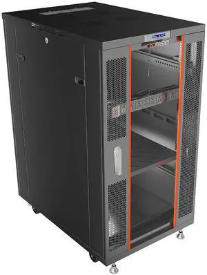 27U Server Rack Cabinet, 39" Deep, Glass Door, 19-Inch | Cooling fans, PDU, shelf, casters, leveling feet, cable entry brushes 27U Server Rack Cabinet, 39" Deep, Glass Door, 19-Inch | Cooling fans, PDU, shelf, casters, leveling feet, cable entry brushes