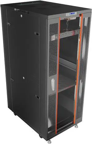 37U Server Rack Cabinet, 32" Deep, Glass Door, 19-Inch | 4-fan thermostat cooling, PDU, shelf, casters, cable brushes, 1600 lb capacity 37U Server Rack Cabinet, 32" Deep, Glass Door, 19-Inch | 4-fan thermostat cooling, PDU, shelf, casters, cable brushes, 1600 lb capacity