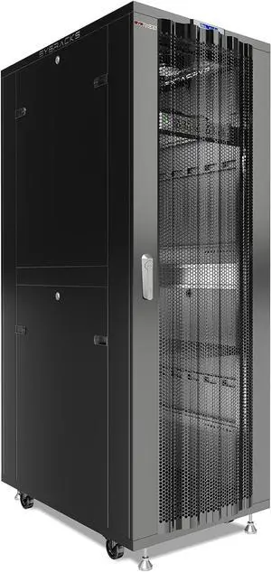 42U Network Rack Cabinet, 32" Deep, Mesh Door, 19-Inch | LCD thermostat, 4 cooling fans, PDU, shelf, casters, 1600 lb capacity 42U Network Rack Cabinet, 32" Deep, Mesh Door, 19-Inch | LCD thermostat, 4 cooling fans, PDU, shelf, casters, 1600 lb capacity
