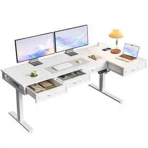 L Shaped Electric Standing Desk with Wooden Drawers, 63 Inch Height Adjustable Corner Workstation with Power Outlets, Sit Stand Table for Home, Office, White L Shaped Electric Standing Desk with Wooden Drawers, 63 Inch Height Adjustable Corner Workstation with Power Outlets, Sit Stand Table for Home, Office, White