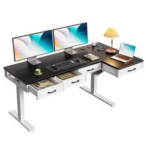 L Shaped Electric Standing Desk with Wooden Drawers, 55 Inch Height Adjustable Corner Workstation with Power Outlets, Sit Stand Table for Home, Office, White+Black L Shaped Electric Standing Desk with Wooden Drawers, 55 Inch Height Adjustable Corner Workstation with Power Outlets, Sit Stand Table for Home, Office, White+Black