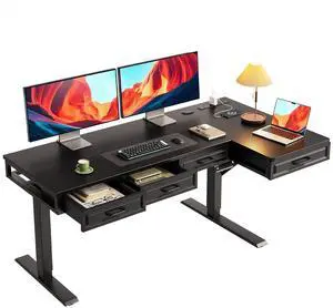 L Shaped Electric Standing Desk with Wooden Drawers, 55 Inch Height Adjustable Corner Workstation with Power Outlets, Sit Stand Table for Home, Office, Black L Shaped Electric Standing Desk with Wooden Drawers, 55 Inch Height Adjustable Corner Workstation with Power Outlets, Sit Stand Table for Home, Office, Black