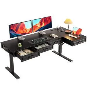 L Shaped Electric Standing Desk with Wooden Drawers, 63 Inch Height Adjustable Corner Workstation with Power Outlets, Sit Stand Table for Home, Office, Black L Shaped Electric Standing Desk with Wooden Drawers, 63 Inch Height Adjustable Corner Workstation with Power Outlets, Sit Stand Table for Home, Office, Black
